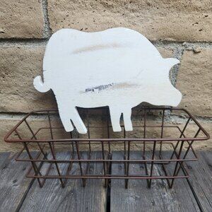 Distressed Wooden Pig Wire Basket Wall Hanging
